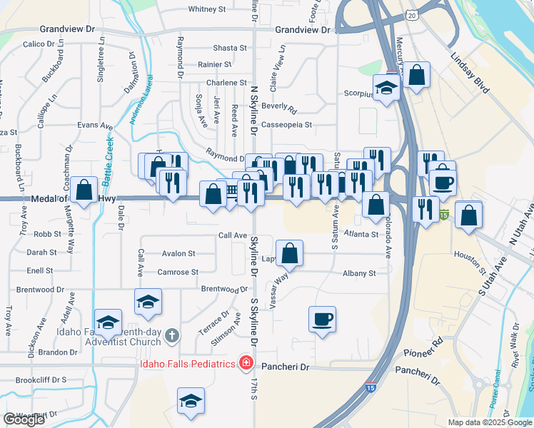 map of restaurants, bars, coffee shops, grocery stores, and more near 1551 West Broadway Street in Idaho Falls