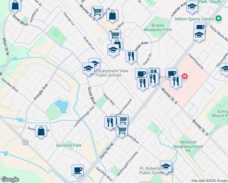 map of restaurants, bars, coffee shops, grocery stores, and more near 144 McCready Drive in Milton