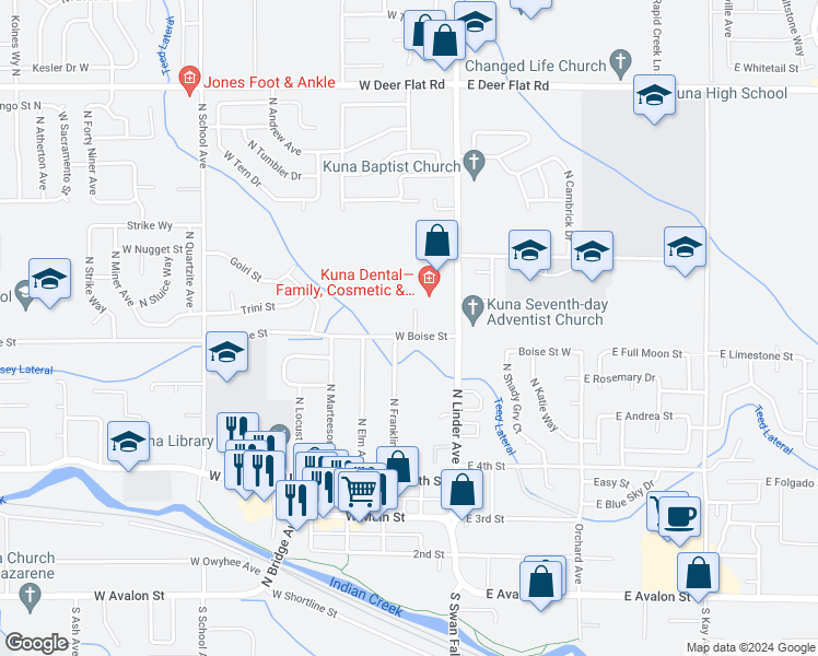 map of restaurants, bars, coffee shops, grocery stores, and more near 823 North White Barn Road in Kuna