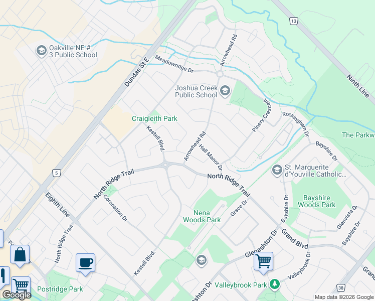 map of restaurants, bars, coffee shops, grocery stores, and more near 1335 Arrowhead Road in Oakville