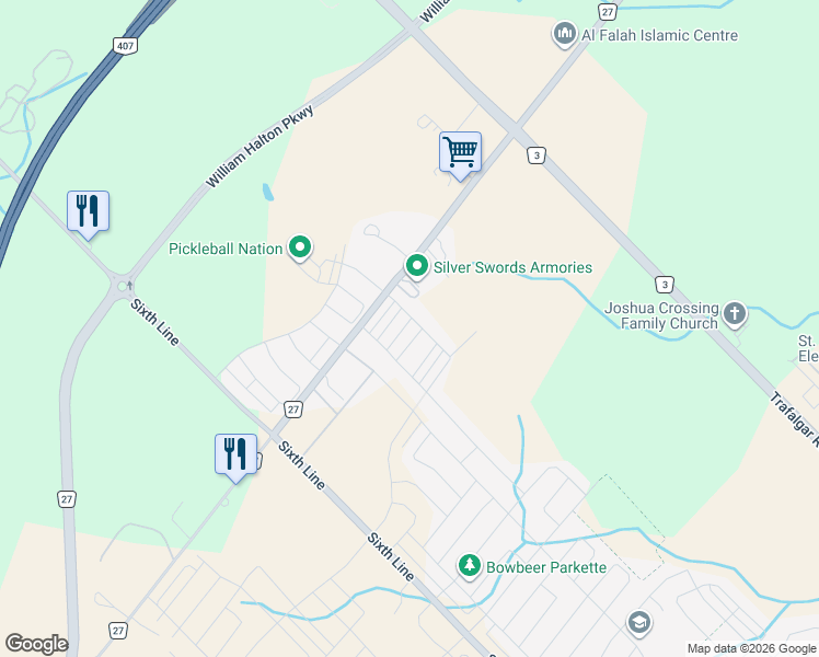 map of restaurants, bars, coffee shops, grocery stores, and more near 120 Christopher Road in Oakville