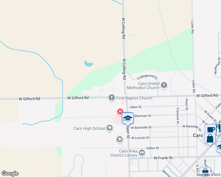 map of restaurants, bars, coffee shops, grocery stores, and more near 1026 Agar Road in Caro