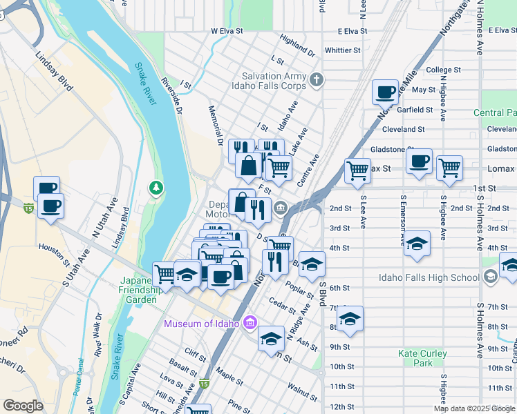 map of restaurants, bars, coffee shops, grocery stores, and more near in Idaho Falls