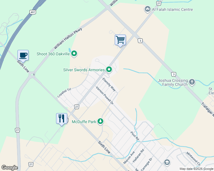 map of restaurants, bars, coffee shops, grocery stores, and more near 142 Christopher Road in Oakville