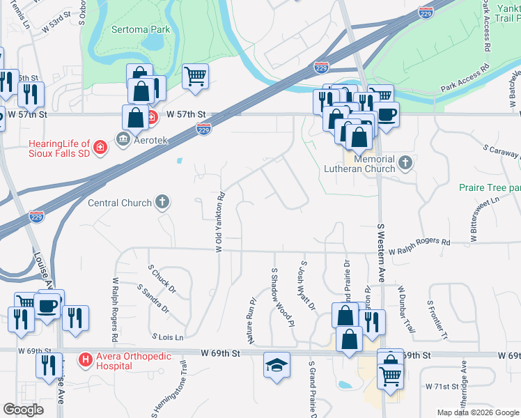 map of restaurants, bars, coffee shops, grocery stores, and more near 2409 West Barrington Place in Sioux Falls