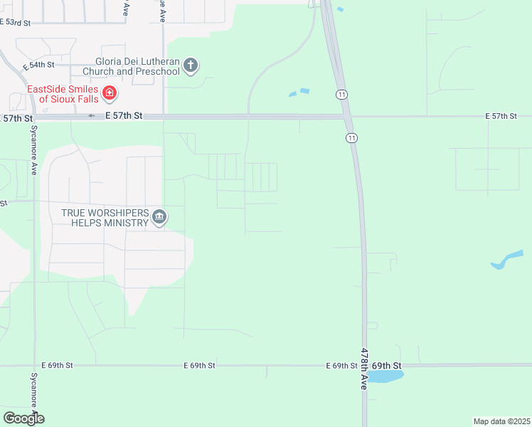 map of restaurants, bars, coffee shops, grocery stores, and more near 47765 East 57th Street in Sioux Falls