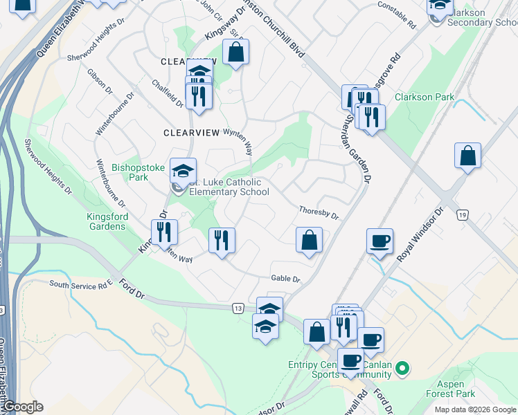 map of restaurants, bars, coffee shops, grocery stores, and more near 1198 Derrald Drive in Oakville
