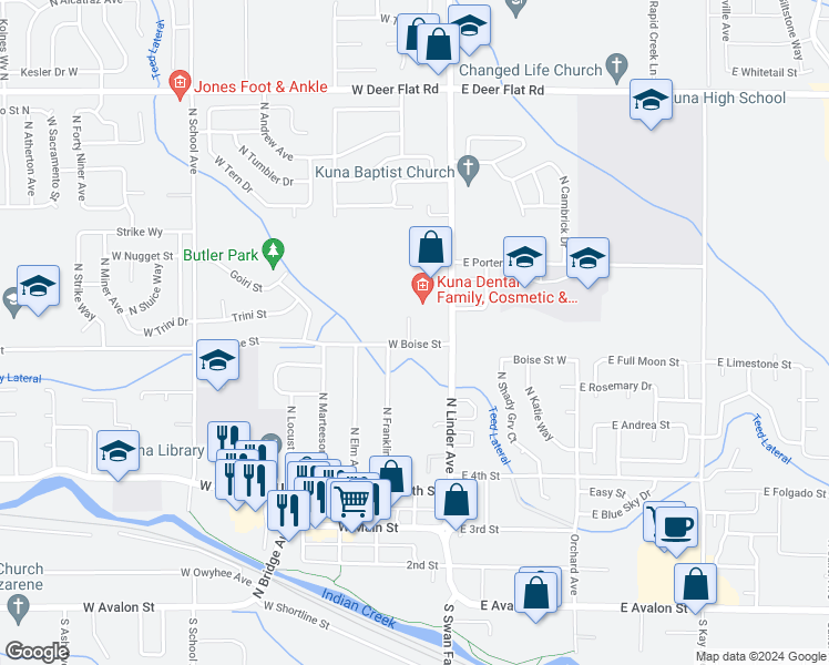 map of restaurants, bars, coffee shops, grocery stores, and more near 828 North White Barn Road in Kuna