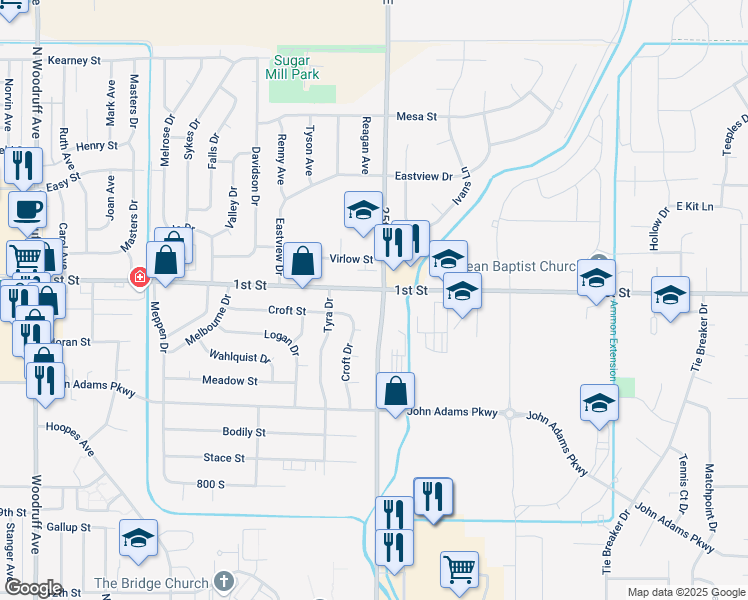 map of restaurants, bars, coffee shops, grocery stores, and more near 2464 1st Street in Idaho Falls