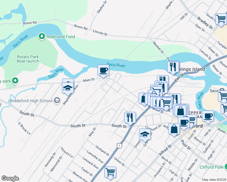 map of restaurants, bars, coffee shops, grocery stores, and more near 65 West Cutts Street in Biddeford