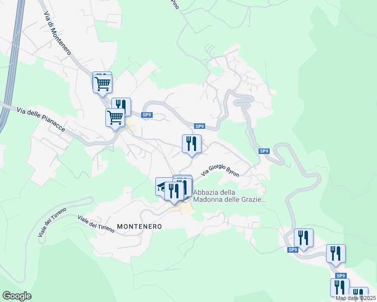 map of restaurants, bars, coffee shops, grocery stores, and more near 440 Via di Montenero in Livorno