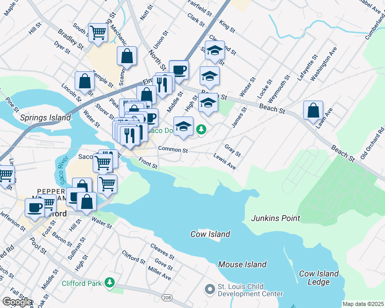 map of restaurants, bars, coffee shops, grocery stores, and more near 105 Common Street in Saco