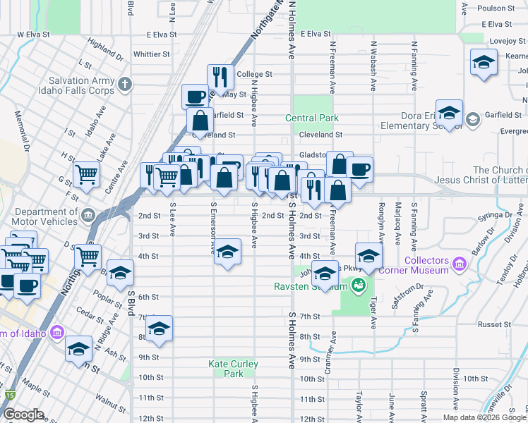 map of restaurants, bars, coffee shops, grocery stores, and more near 255 South Higbee Avenue in Idaho Falls