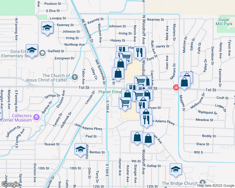 map of restaurants, bars, coffee shops, grocery stores, and more near 129 Clubhouse Circle in Idaho Falls