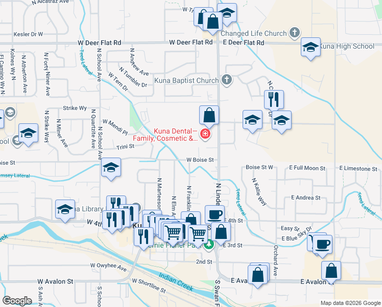 map of restaurants, bars, coffee shops, grocery stores, and more near 759 North Franklin Avenue in Kuna
