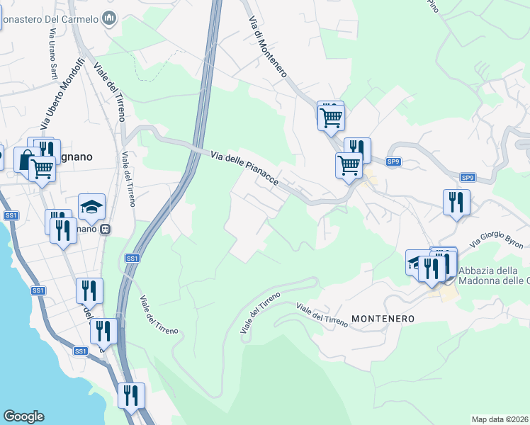 map of restaurants, bars, coffee shops, grocery stores, and more near 19 Via delle Villette in Livorno
