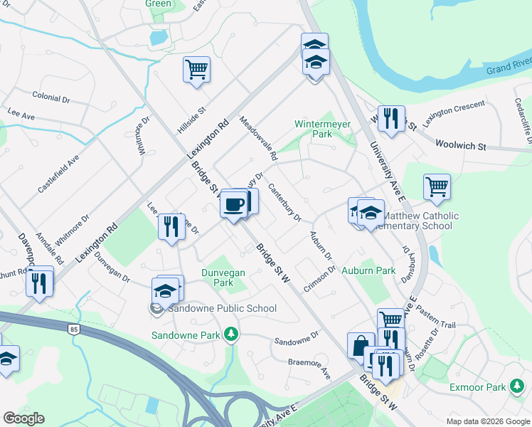 map of restaurants, bars, coffee shops, grocery stores, and more near 254 Camille Crescent in Waterloo