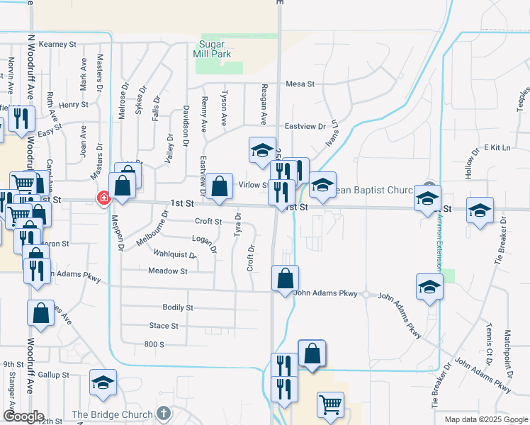 map of restaurants, bars, coffee shops, grocery stores, and more near 2494 1st Street in Idaho Falls