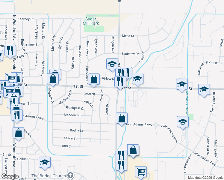 map of restaurants, bars, coffee shops, grocery stores, and more near 2478 1st Street in Idaho Falls