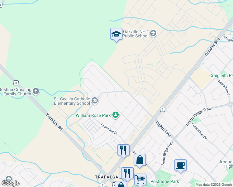 map of restaurants, bars, coffee shops, grocery stores, and more near 3127 Streamwood Pass in Oakville