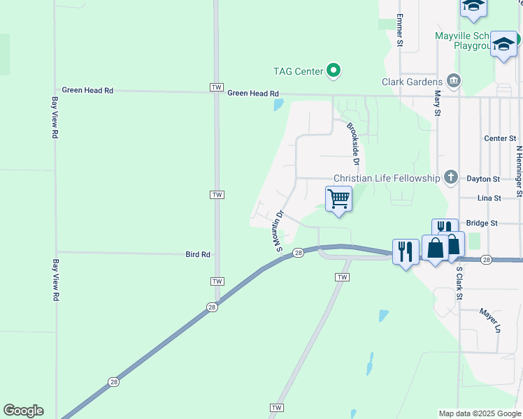 map of restaurants, bars, coffee shops, grocery stores, and more near 291 South Mountin Drive in Mayville
