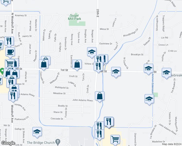 map of restaurants, bars, coffee shops, grocery stores, and more near 2466 1st Street in Idaho Falls