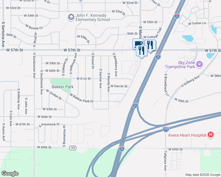 map of restaurants, bars, coffee shops, grocery stores, and more near 5605 West Rebecca Street in Sioux Falls