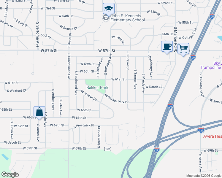 map of restaurants, bars, coffee shops, grocery stores, and more near 5905 West 61st Street in Sioux Falls
