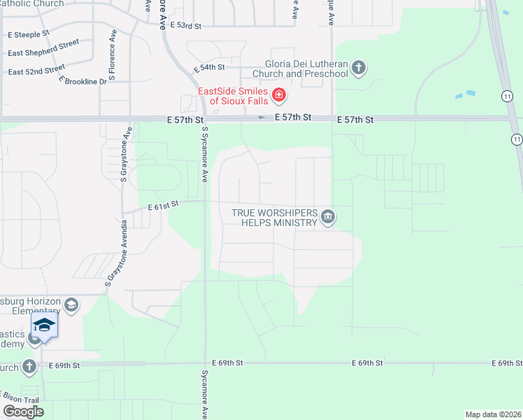 map of restaurants, bars, coffee shops, grocery stores, and more near 5013 East 61st Street in Sioux Falls