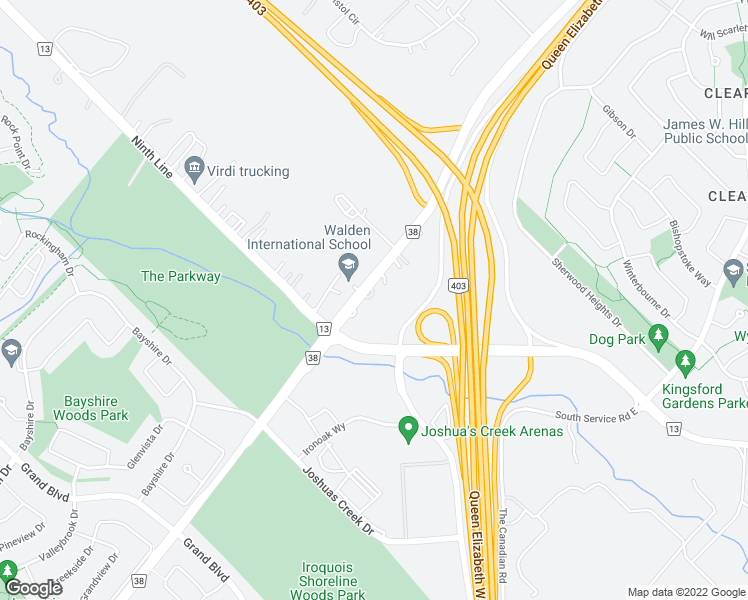 map of restaurants, bars, coffee shops, grocery stores, and more near 2036 Upper Middle Road East in Oakville