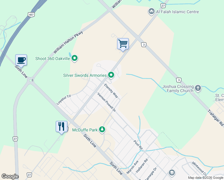 map of restaurants, bars, coffee shops, grocery stores, and more near 180 Burnhamthorpe Road East in Oakville