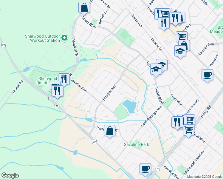 map of restaurants, bars, coffee shops, grocery stores, and more near Pringle Avenue in Milton