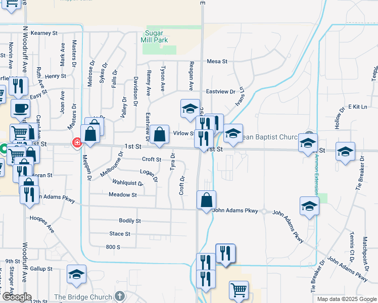map of restaurants, bars, coffee shops, grocery stores, and more near 2428 Virlow Street in Idaho Falls