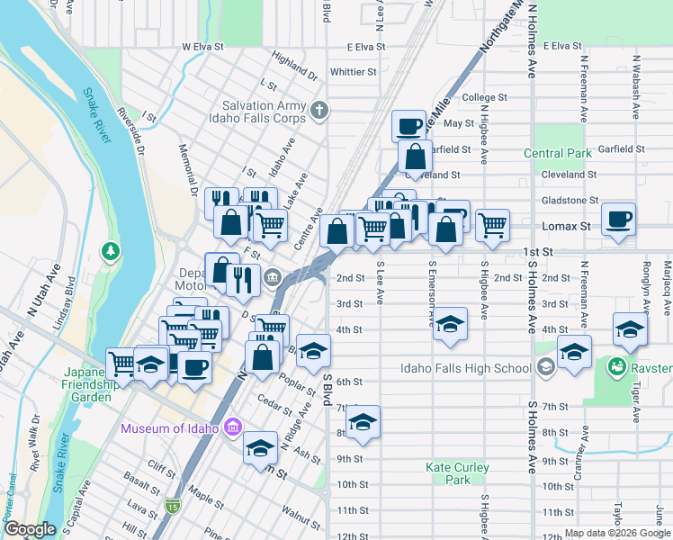 map of restaurants, bars, coffee shops, grocery stores, and more near 125 Northgate Mile in Idaho Falls