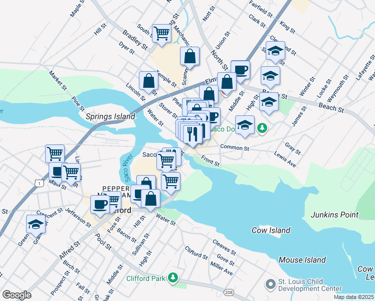 map of restaurants, bars, coffee shops, grocery stores, and more near 15 Pepperell Square in Saco