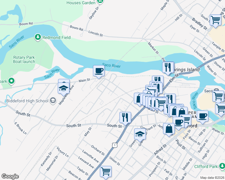 map of restaurants, bars, coffee shops, grocery stores, and more near 410 Main Street in Biddeford