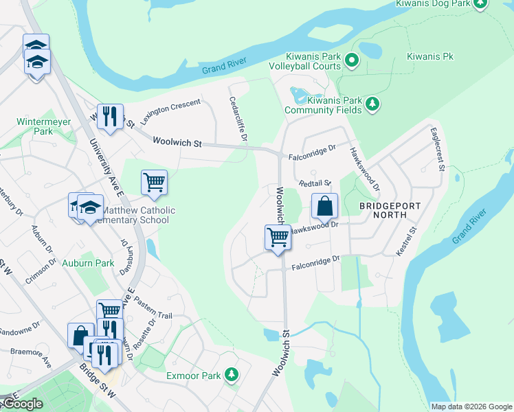 map of restaurants, bars, coffee shops, grocery stores, and more near 311 Woolwich Street in Waterloo