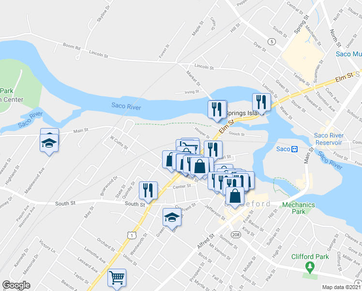 map of restaurants, bars, coffee shops, grocery stores, and more near 15 Hazel St in Biddeford