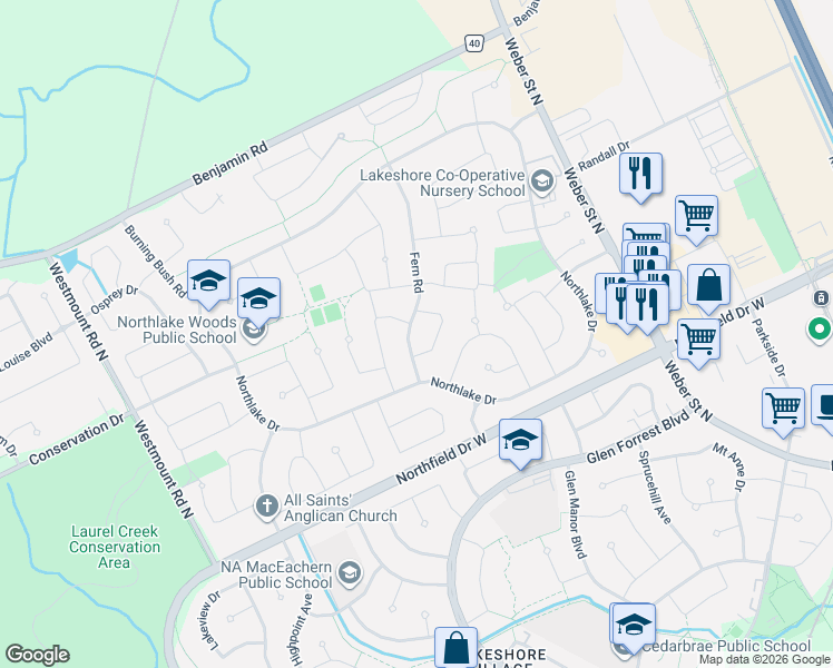 map of restaurants, bars, coffee shops, grocery stores, and more near 617 Fern Road in Waterloo
