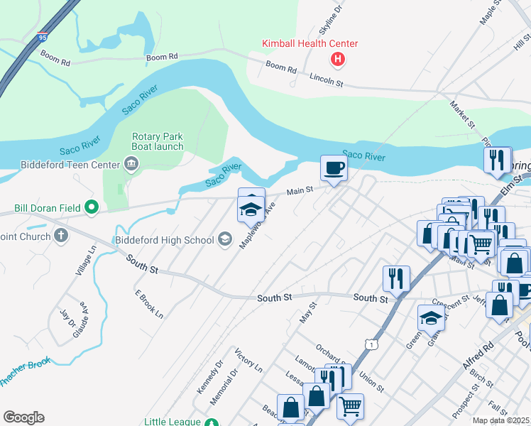 map of restaurants, bars, coffee shops, grocery stores, and more near 10 Maplewood Avenue in Biddeford