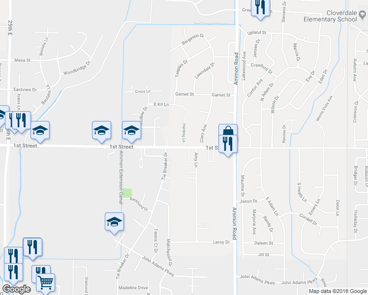 map of restaurants, bars, coffee shops, grocery stores, and more near 1st Street in Idaho Falls
