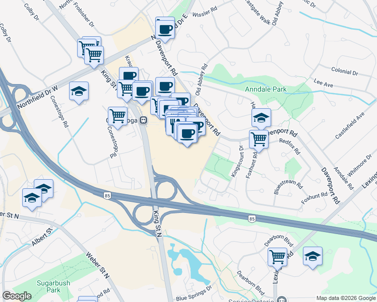 map of restaurants, bars, coffee shops, grocery stores, and more near 550 King Street North in Waterloo
