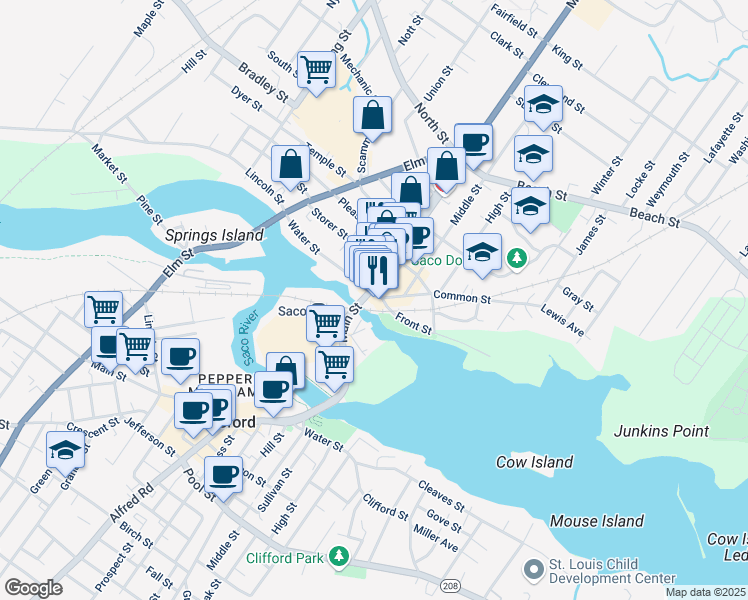map of restaurants, bars, coffee shops, grocery stores, and more near 15 Pepperell Square in Saco
