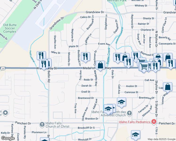 map of restaurants, bars, coffee shops, grocery stores, and more near 2232-2254 West Broadway Street in Idaho Falls