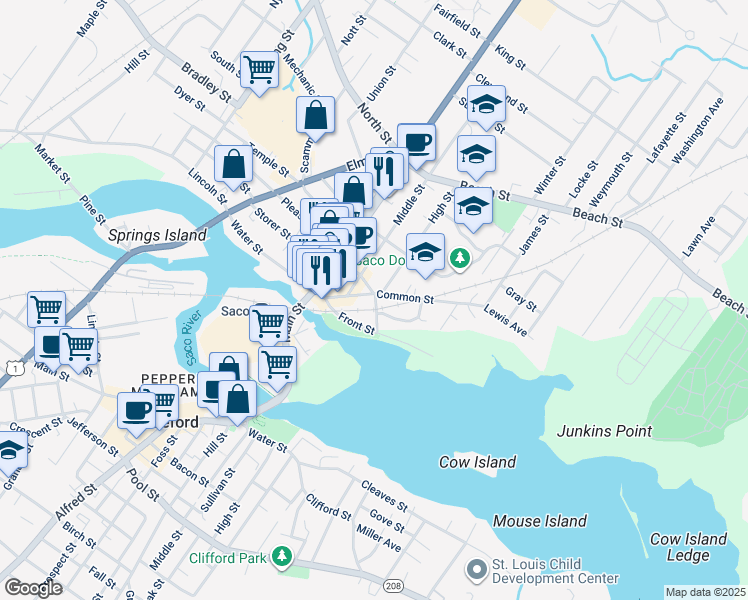 map of restaurants, bars, coffee shops, grocery stores, and more near 50 Free Street in Saco