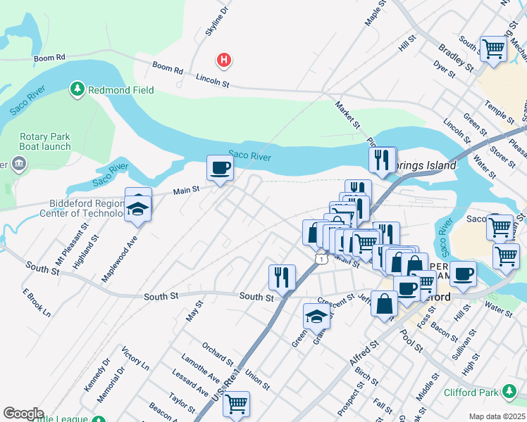 map of restaurants, bars, coffee shops, grocery stores, and more near 410 Main Street in Biddeford