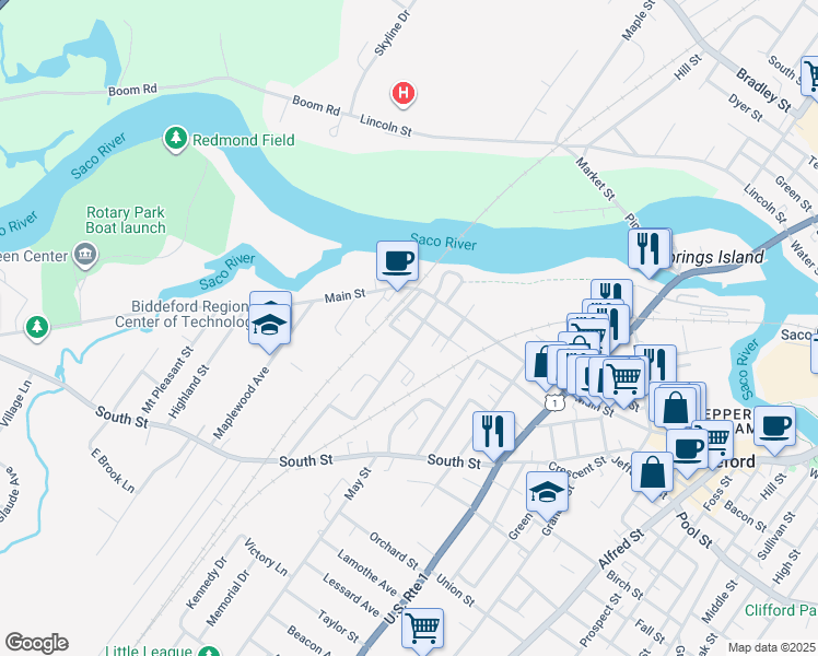 map of restaurants, bars, coffee shops, grocery stores, and more near 92 West Cutts Street in Biddeford