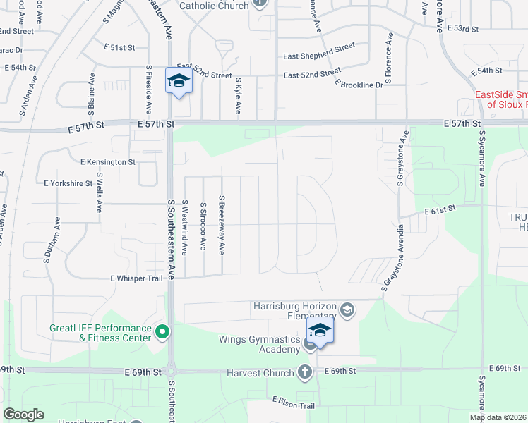 map of restaurants, bars, coffee shops, grocery stores, and more near 5301 South Chinook Avenue in Sioux Falls