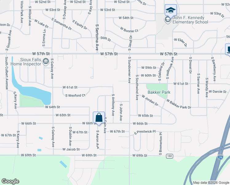 map of restaurants, bars, coffee shops, grocery stores, and more near 5316 South Anthony Avenue in Sioux Falls