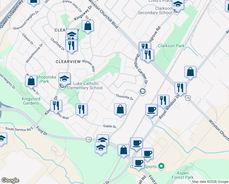 map of restaurants, bars, coffee shops, grocery stores, and more near 1155 Thoresby Drive in Oakville